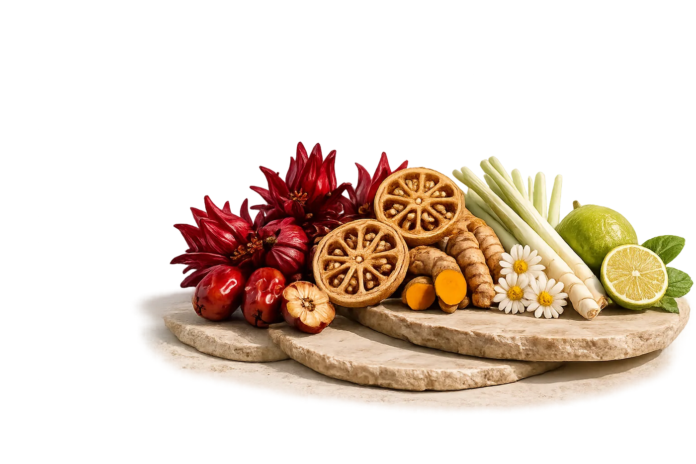 Thai botanicals — roselle, bael fruit, turmeric, lemongrass and chamomile